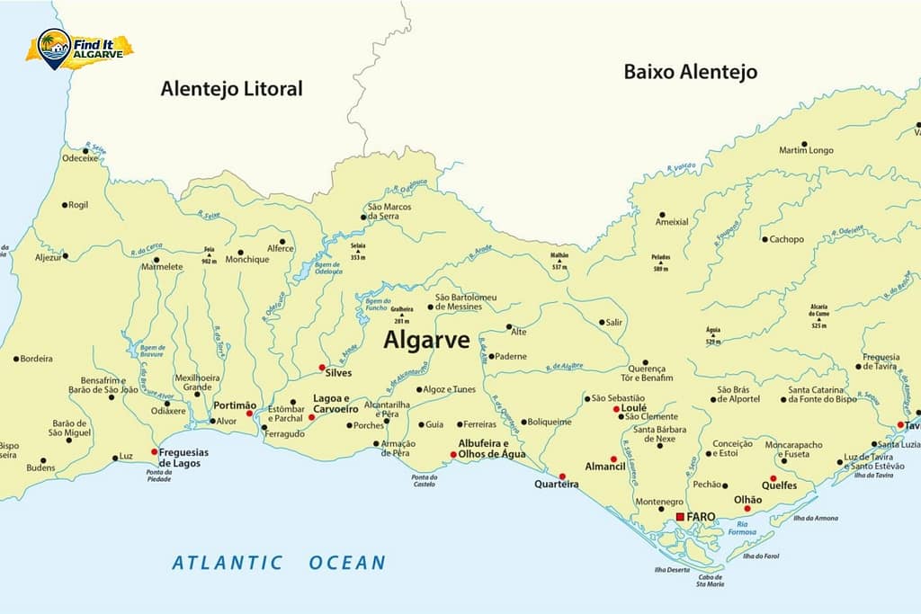 Map of the Algarve Portugal showing towns like Lagos Albufeira Faro and Tavira