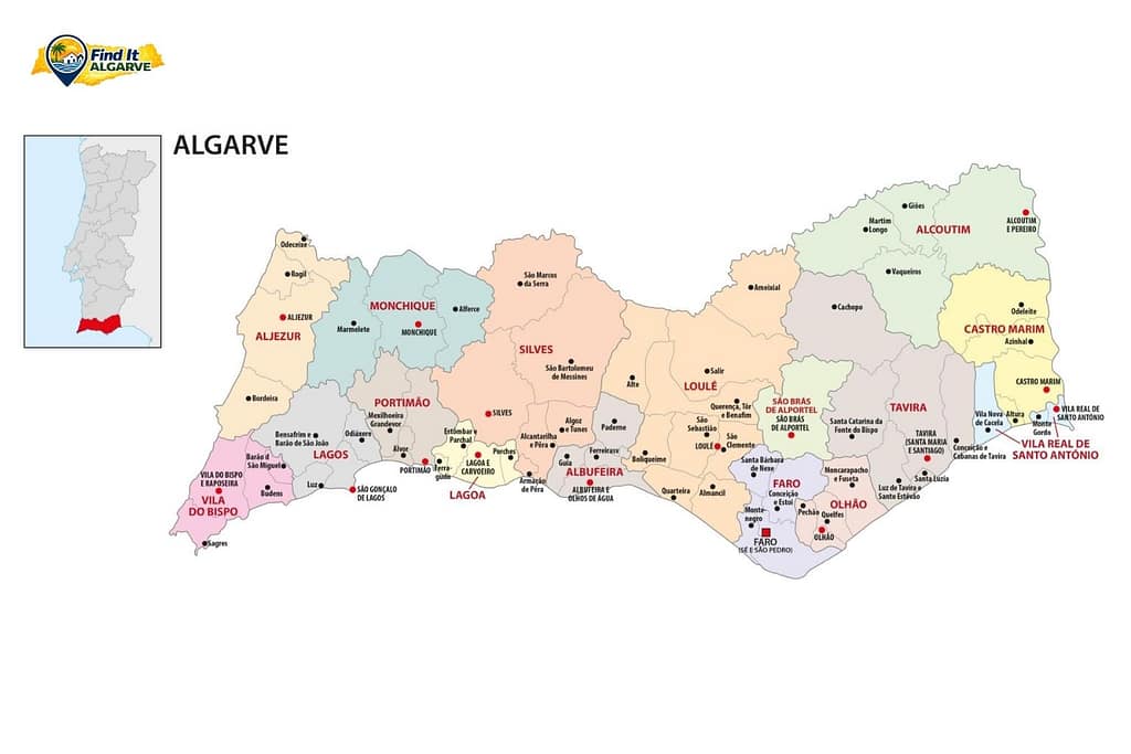 Map of the Algarve Portugal showing western central and eastern Algarve regions