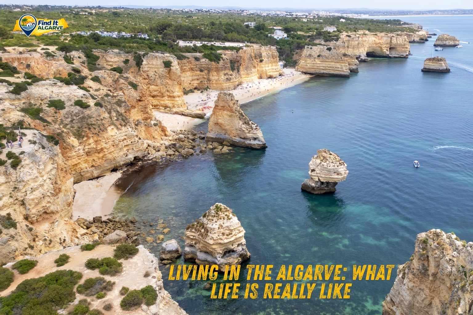 Beautiful Algarve coastline with cliffs and sandy beach in southern Portugal