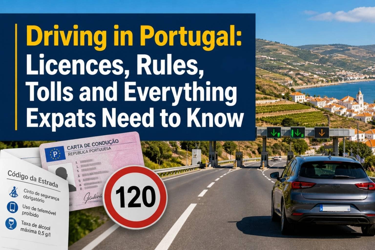 Car driving on a coastal road in the Algarve Portugal on a sunny day